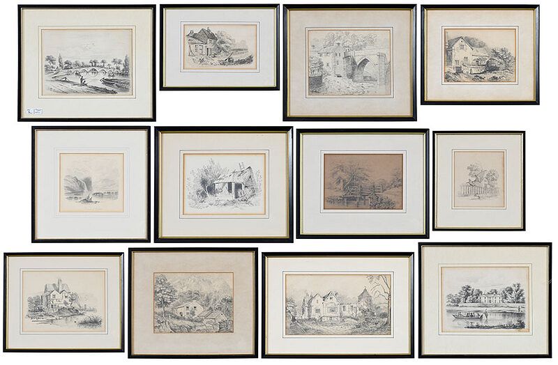 Appraisal: Framed Pencil and Ink Sketches British th Century Depicting Cottages