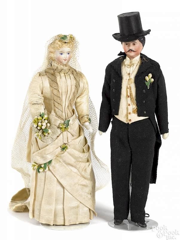 Appraisal: Bride and groom bisque doll house dolls Bride and groom