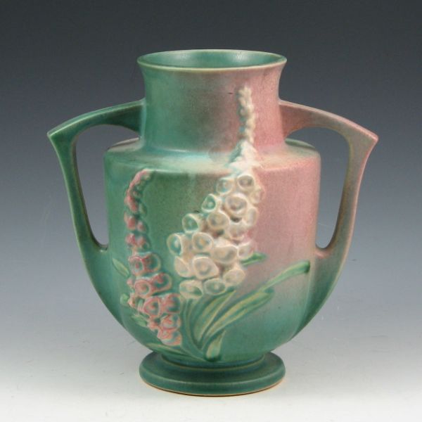 Appraisal: Roseville Foxglove handled vase in pink and green Marked Roseville