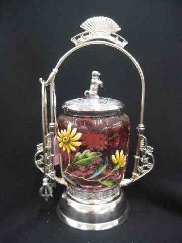 Appraisal: Victorian Pickle Castor enameled cranberry to clear glass insert with