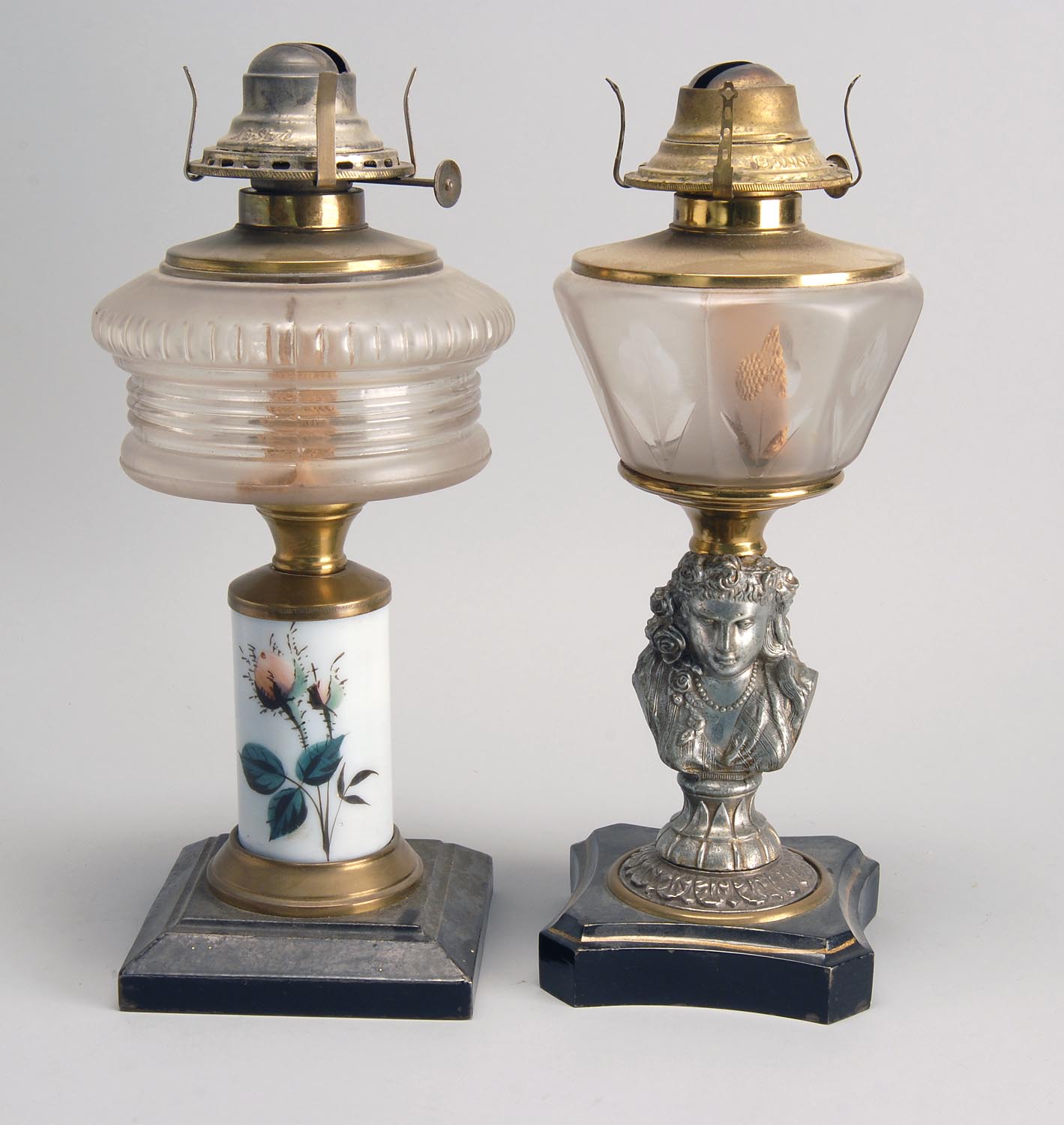 Appraisal: TWO TH CENTURY FLUID LAMPS in glass and metal One