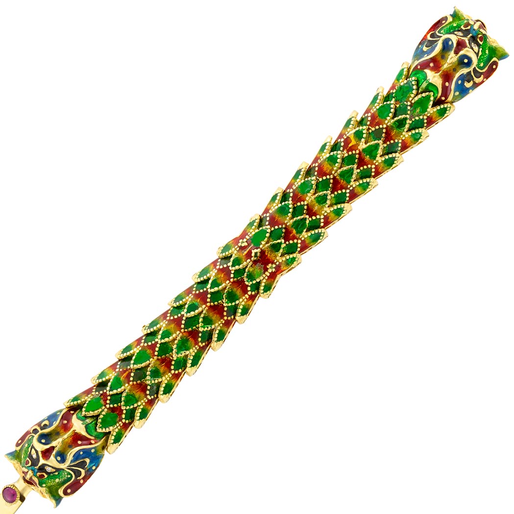 Appraisal: Gold Multicolored Enamel and Plique-a-Jour Enamel Dragon Head Bracelet kt