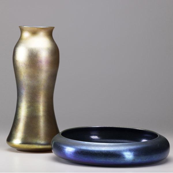 Appraisal: STEUBEN Two Aurene vessels a tall gold baluster vase and