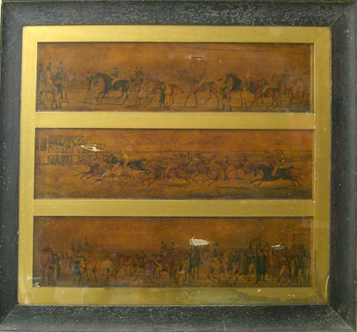 Appraisal: Engraved triptych horse racing scene together with a print of