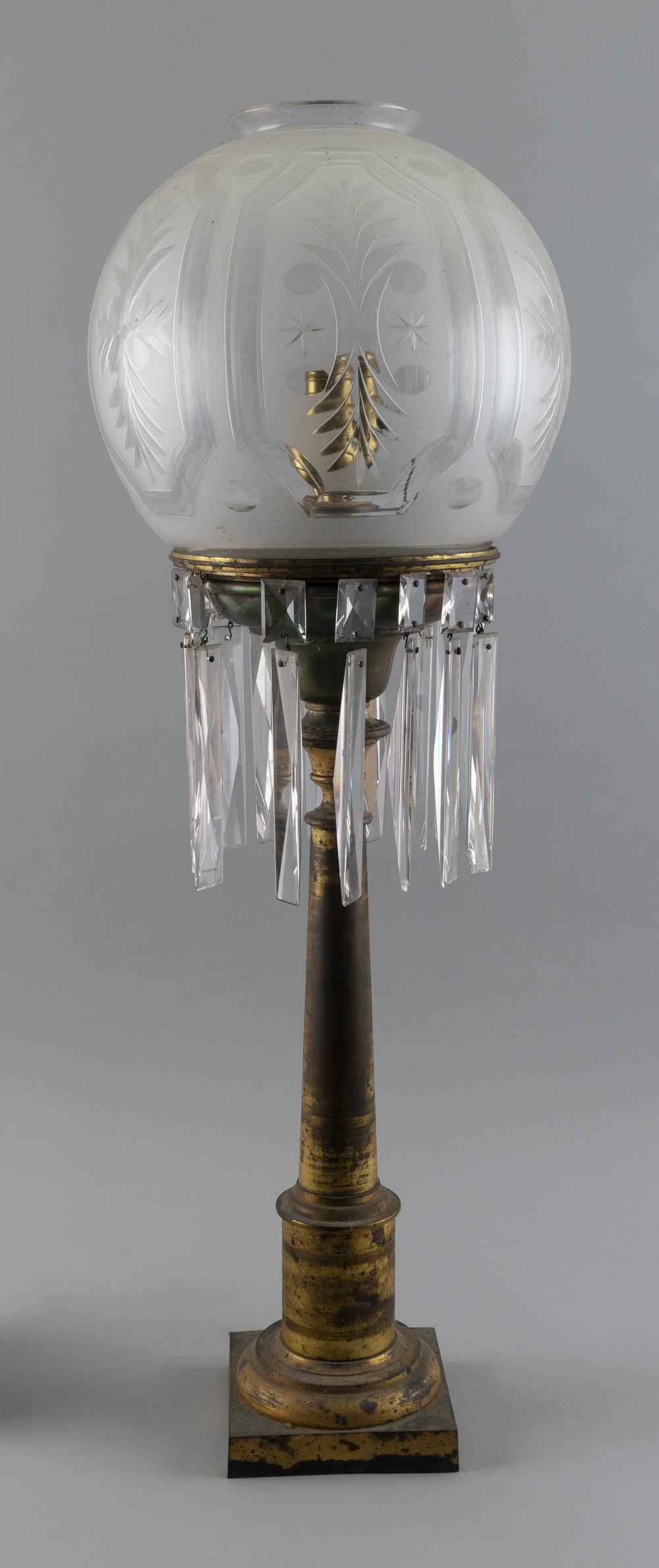 Appraisal: BRASS FLUID LAMP WITH ETCHED GLASS GLOBE SHADE TH CENTURY