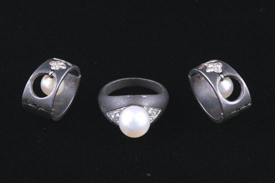 Appraisal: THREE-PIECE SUITE CULTURED PEARL AND DIAMOND JEWELRY Delicate dome ringa