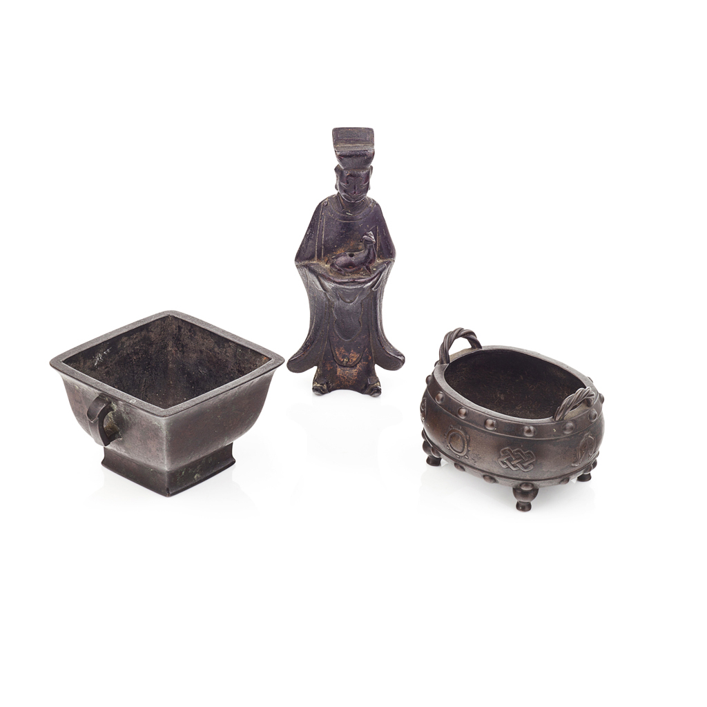 Appraisal: THREE BRONZE OBJECTS MING QING DYNASTY comprising a Ming dignitary