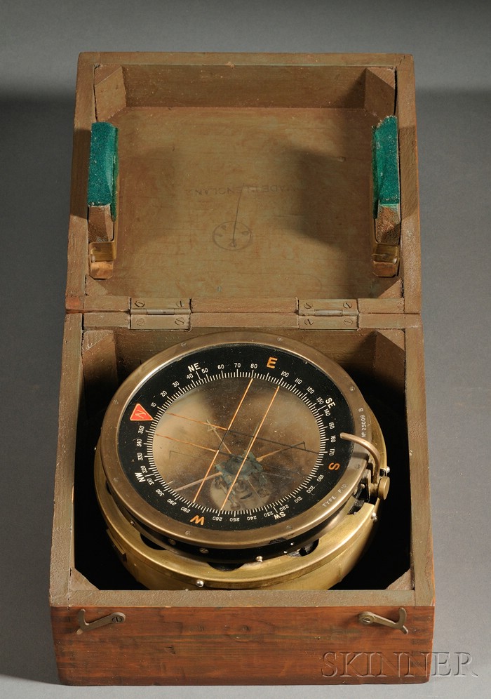 Appraisal: Boxed Brass Compass with brass spring-loaded case -inch glazed opening