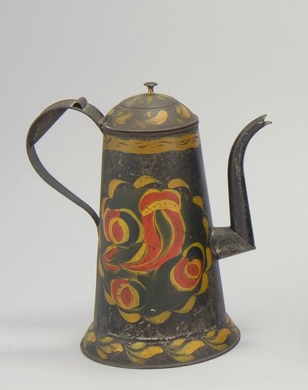 Appraisal: ANTIQUE AMERICAN TOLEWARE COFFEEPOT Late th CenturyWith mustard-yellow and red