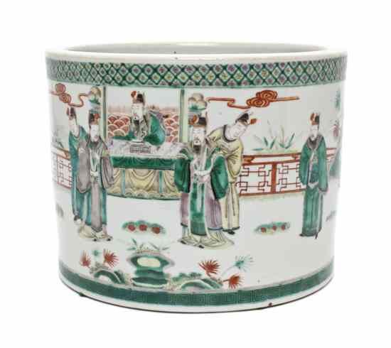 Appraisal: A Chinese Famille Verte Porcelain Brushpot depicting a court scene