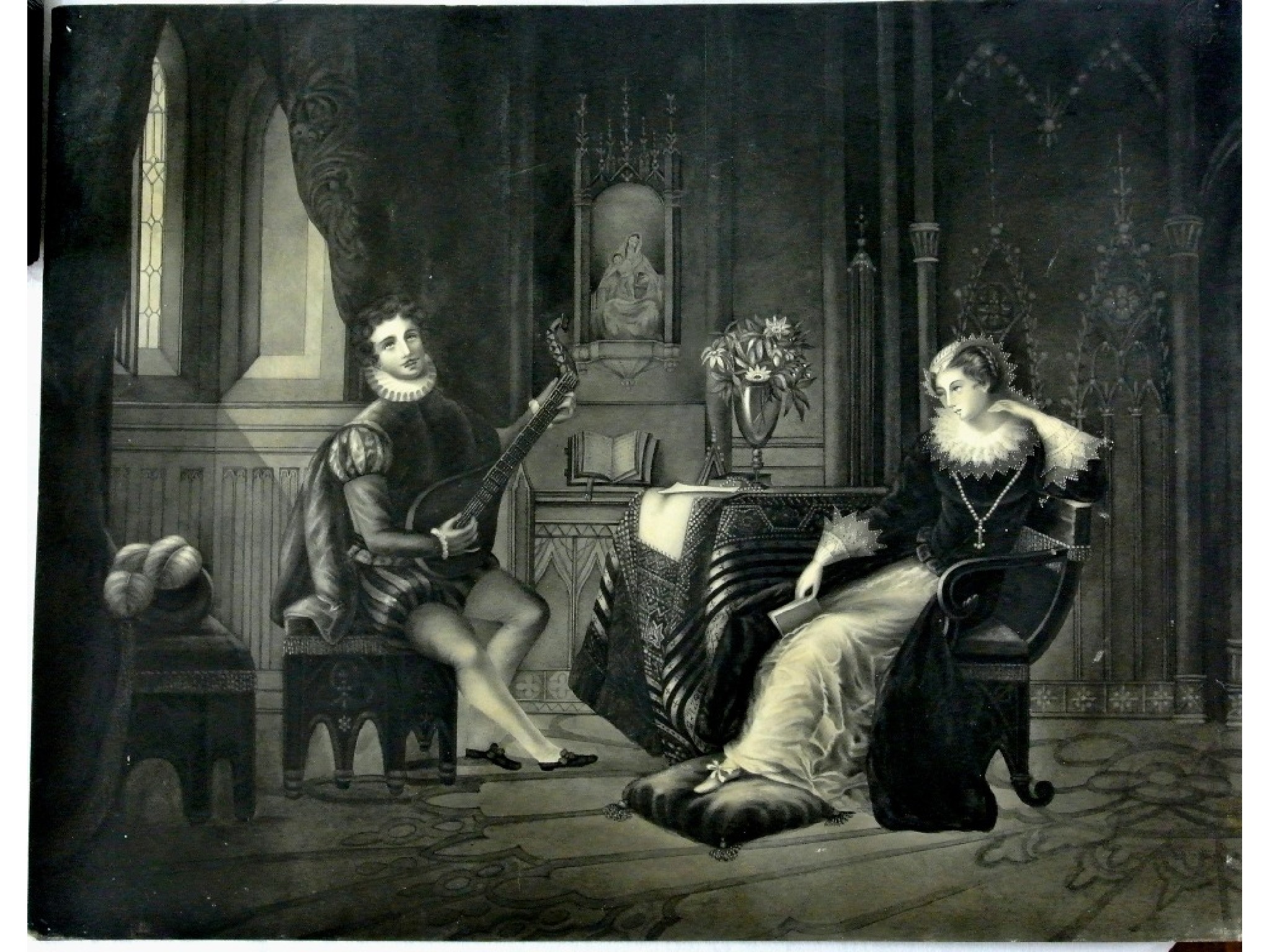 Appraisal: A th century monochrome interior scene with male and female