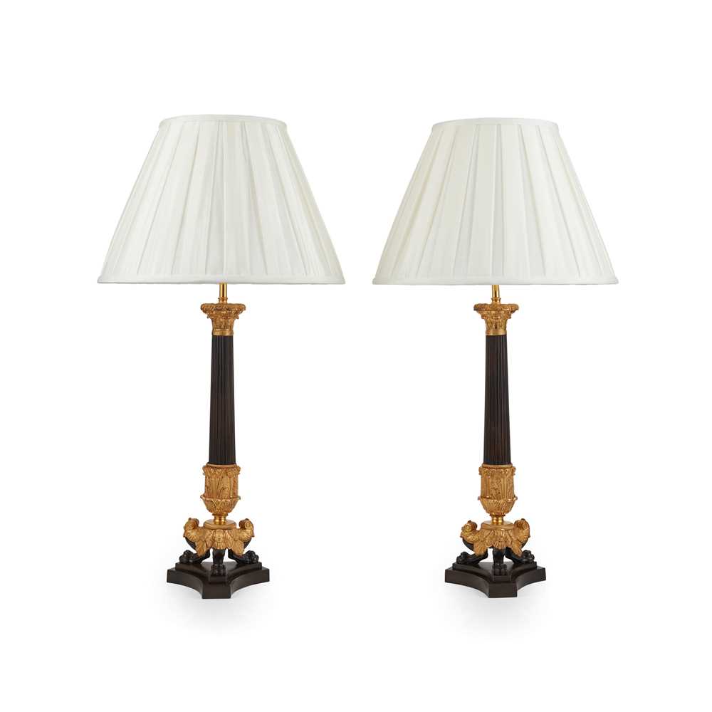 Appraisal: PAIR OF LARGE REGENCY PATINATED AND GILT BRONZE LAMPS EARLY