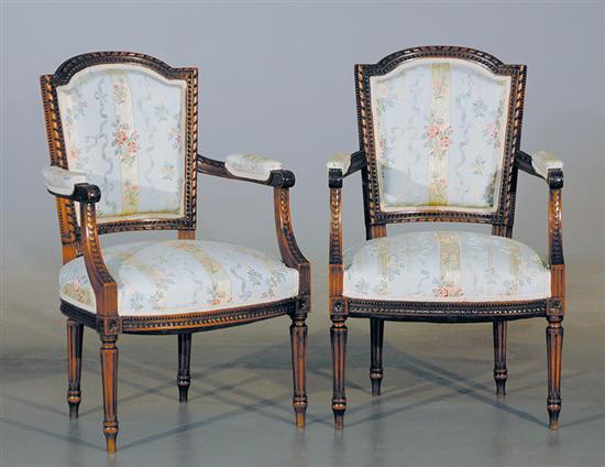 Appraisal: Pair Louis XVI style carved walnut armchairs late th century