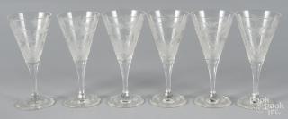 Appraisal: Twelve engraved wine glasse Pair of Staffordshire spaniels th c