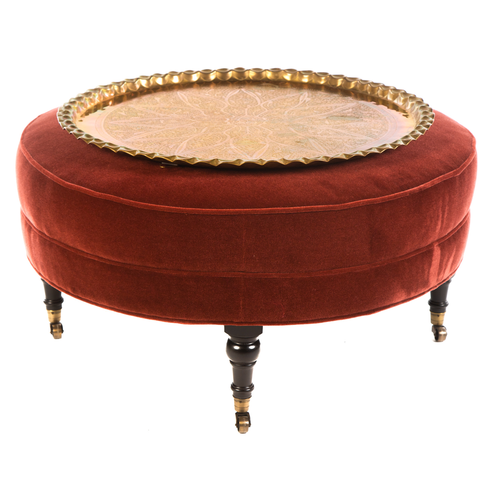 Appraisal: CONTEMPORARY ROUND OTTOMAN WITH BRASS TRAY th century russet velvet