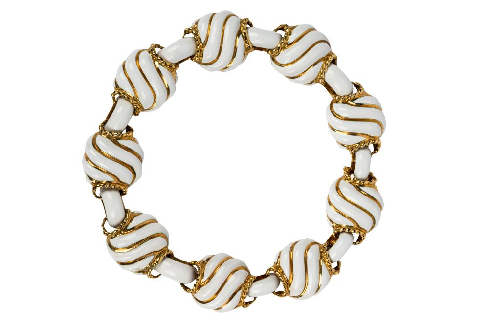 Appraisal: DAVID WEBB KARAT YELLOW GOLD WHITE ENAMEL NECKLACEsigned 'Webb k'