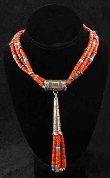 Appraisal: Sterling Coral and Turquoise Necklacedesigned as a three - strand