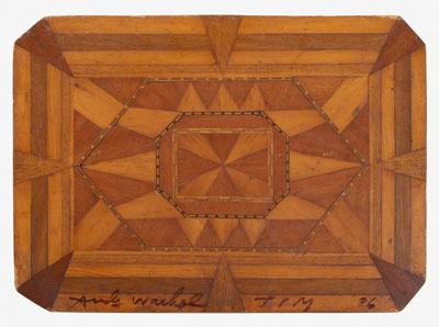 Appraisal: Inlaid tabletop Warhol canted corners laminated wood base geometric inlay