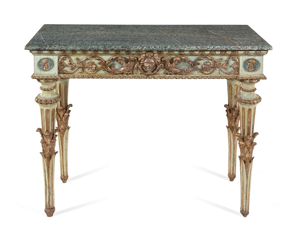 Appraisal: An Italian Neoclassical Green-Painted and Parcel Gilt Marble-Top Console Table