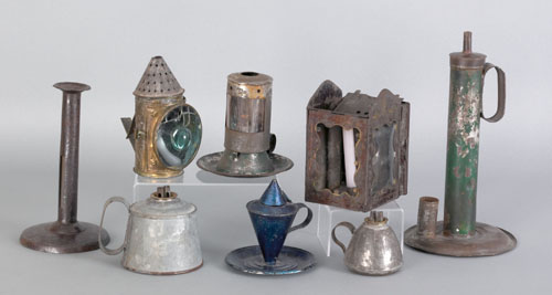 Appraisal: Group of tin lighting th c to include a hogscraper