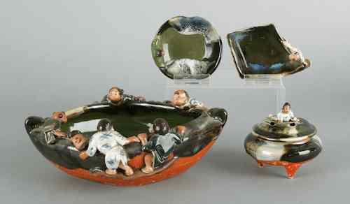 Appraisal: Four Sumida Gawa pottery bowls and a covered jar th