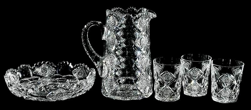 Appraisal: Cut Glass Hawkes Pitcher Four Tumblers Bowl Queens pattern three