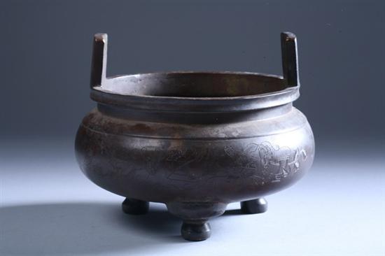 Appraisal: CHINESE BRONZE TRIPOD CENSER th century Chased with floral decoration