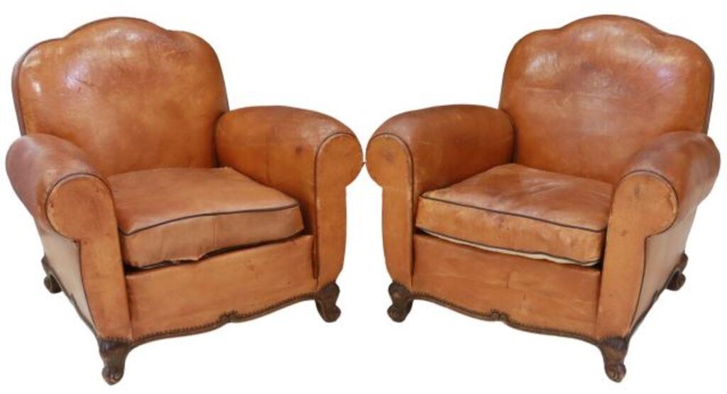 Appraisal: pair French leather club armchairs early th c having shaped