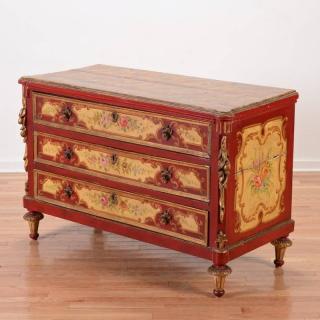 Appraisal: Venetian parcel gilt polychrome painted commode th th c red