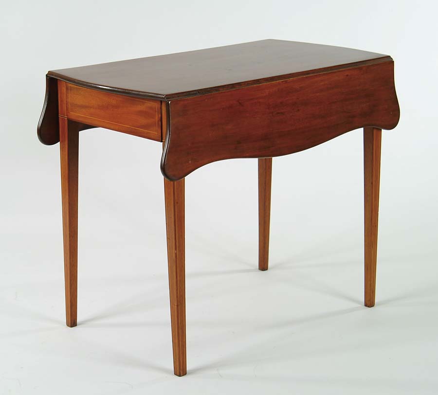 Appraisal: SHAPED LEAF INLAID MAHOGANY PEMBROKE TABLE One dovetailed drawer with