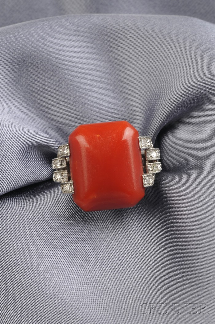 Appraisal: Art Deco Platinum Coral and Diamond Ring set with a