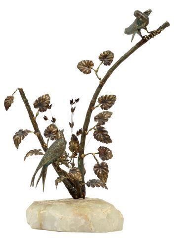 Appraisal: Patinated mixed metal and stone sculpture Two Birds on Branch