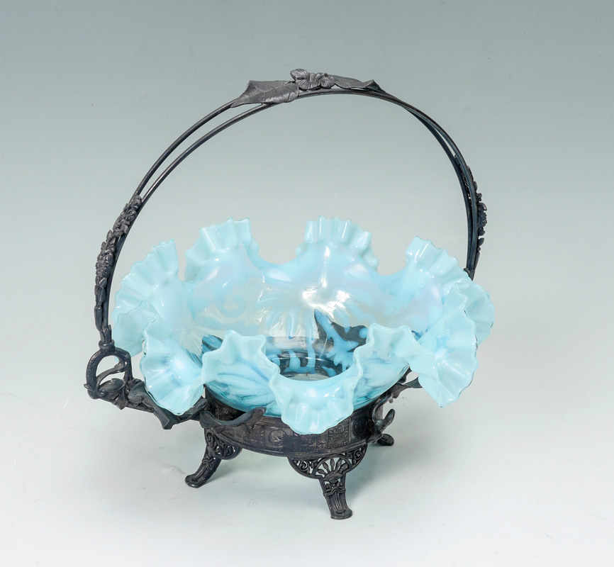 Appraisal: FERN DAISY BLUE OPALESCENT BRIDES BASKET Ruffle edge art glass