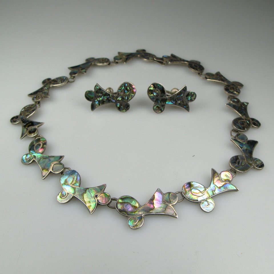 Appraisal: Mexican Sterling Silver Necklace set with abalone with matching earrings