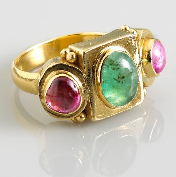 Appraisal: An emerald and ruby cabochon ring Lalaounis Byzantium with maker's