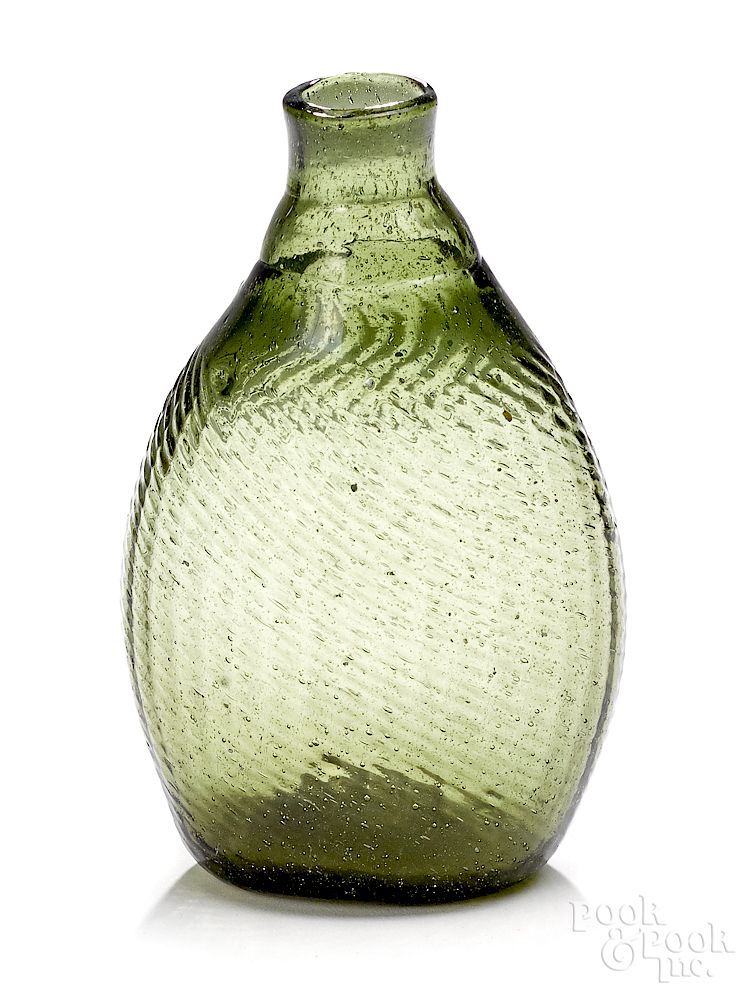 Appraisal: New England molded olive glass Pitkin flask New England pattern