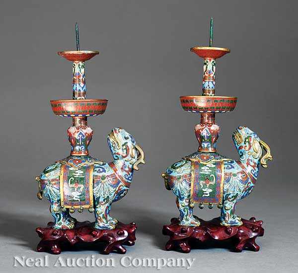 Appraisal: A Pair of Chinese Cloisonn Enamel Ram Form Pricket Stands