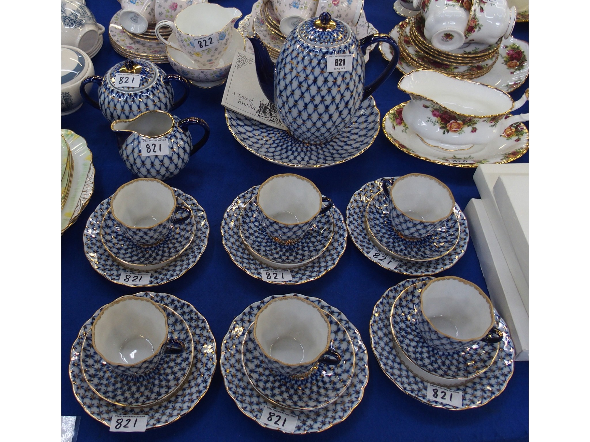 Appraisal: Russian blue white and parcel gilt porcelain teaset for six