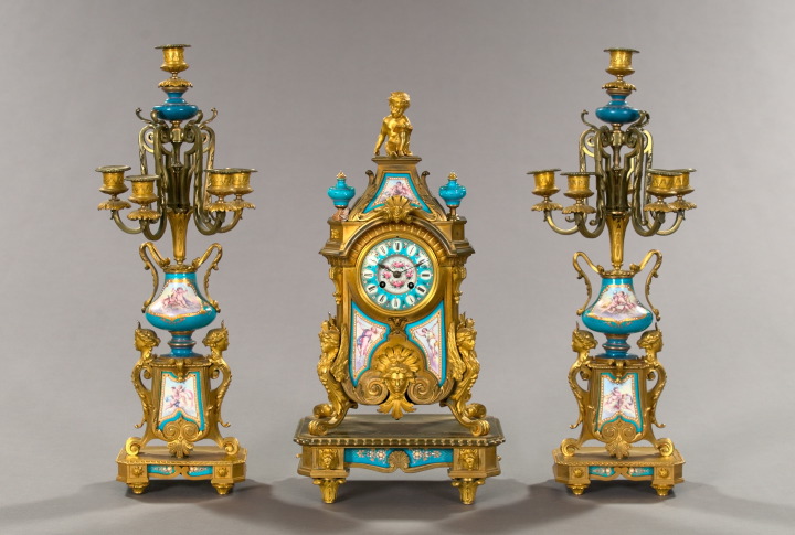 Appraisal: Fine Three-Piece French Gilt-Bronze and Porcelain Mantel Garniture in the