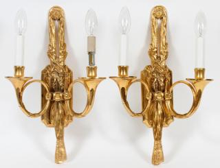 Appraisal: TWO-LIGHT HUNTER HORN FORM GILT METAL SCONCES PAIR TWO-LIGHT HUNTER