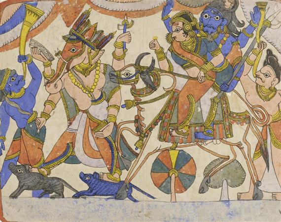 Appraisal: A MINIATURE PAINTING OF SHIVA AND GANESHA IN A BATTLE