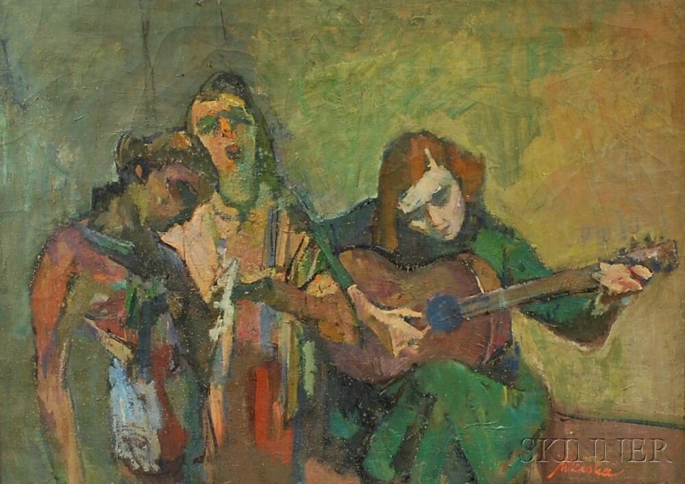 Appraisal: American School th Century Three Young Women with a Guitar