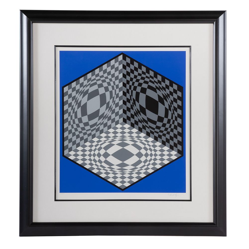 Appraisal: Victor Vasarely Op-Art in Blue Black Gray Hungarian French -