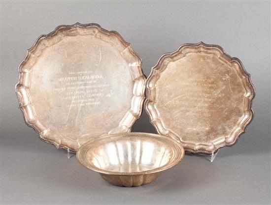 Appraisal: Two American sterling silver presentation trays and a sterling bowl