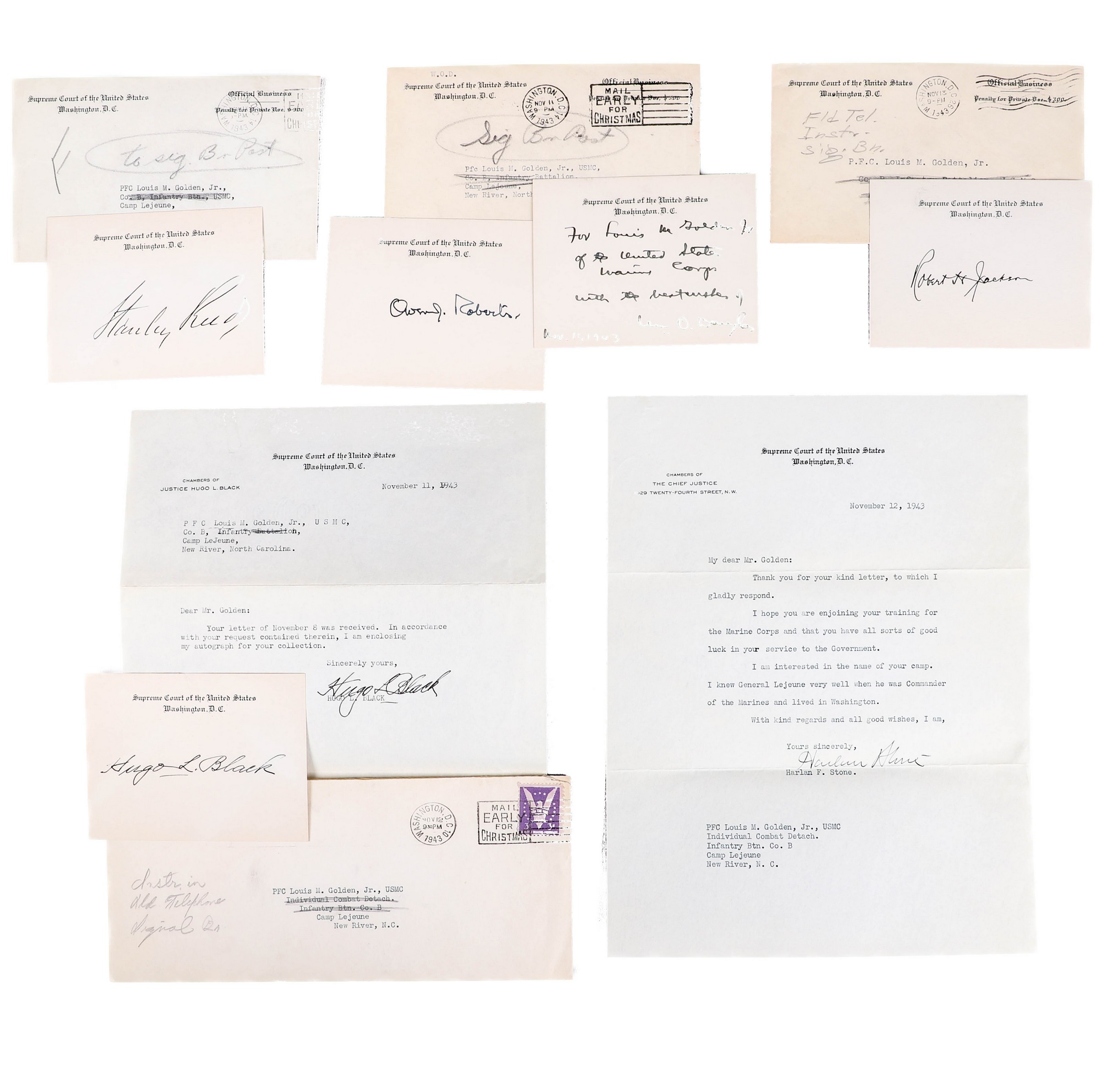 Appraisal: Seven autographs of Supreme Court justices from sent to a