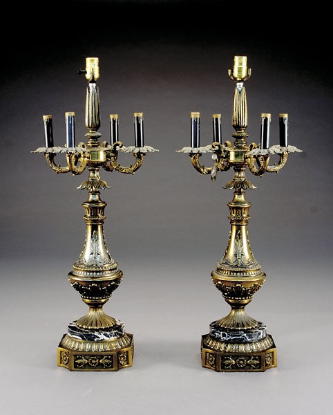 Appraisal: Pair cast-metal and marble candelabra lamps four cornucopia-shaped lights on