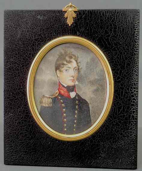 Appraisal: English miniature oval watercolor portrait of an officer c x