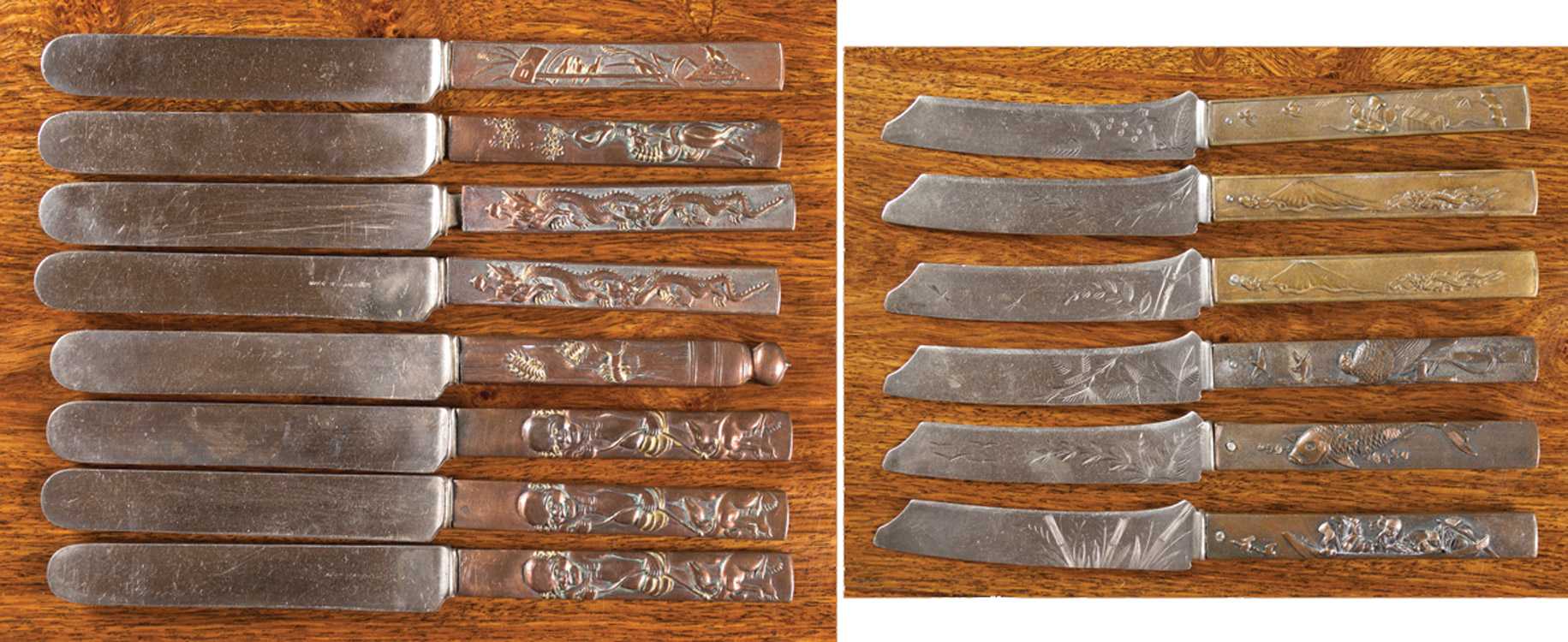 Appraisal: FOURTEEN JAPANESE KOZUKA HANDLES mounted with dinner knives late th