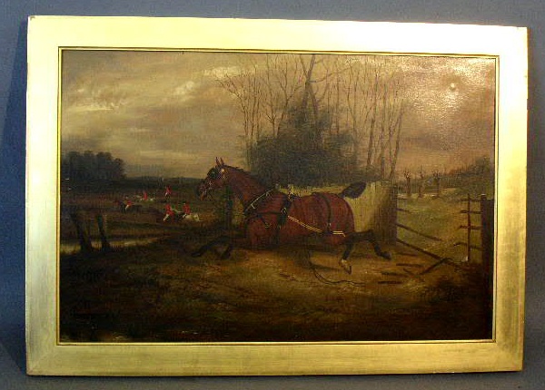 Appraisal: Oil on canvas equine painting of a runaway horse trailing