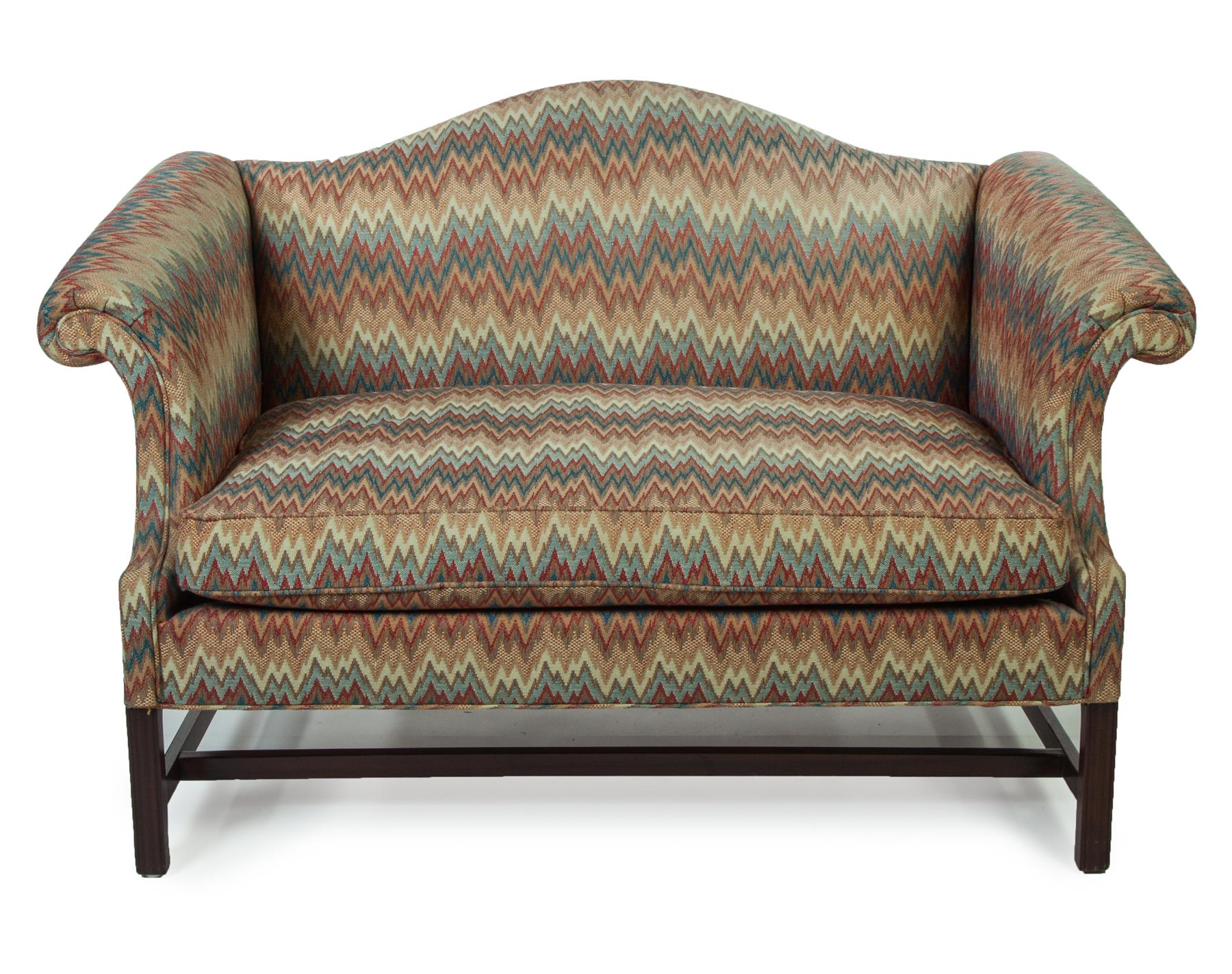 Appraisal: CHIPPENDALE-STYLE CAMELBACK SOFA American st half- th century Square legs